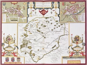 Rutlandshire con Oukham e Stanford, inciso da Jodocus Hondius (1563-1612) da 